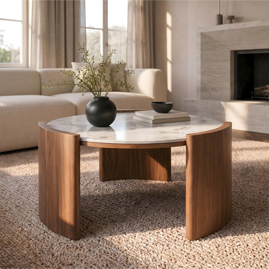 Curved 3-Leg Round Coffee Table｜31.5" Stone or Glass Top – Easy Clean Modern Living Table