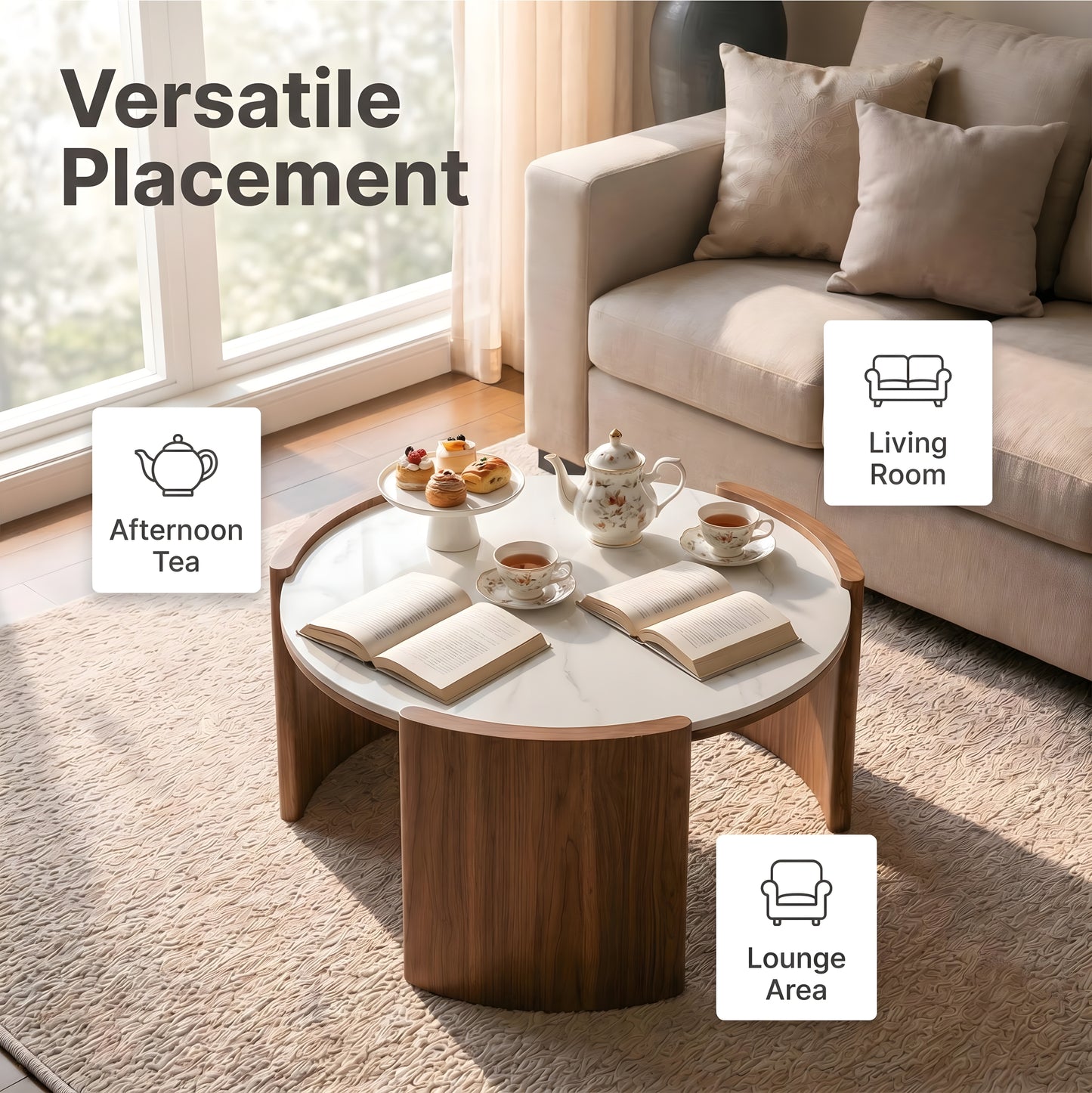 Curved 3-Leg Round Coffee Table｜31.5" Stone or Glass Top – Easy Clean Modern Living Table