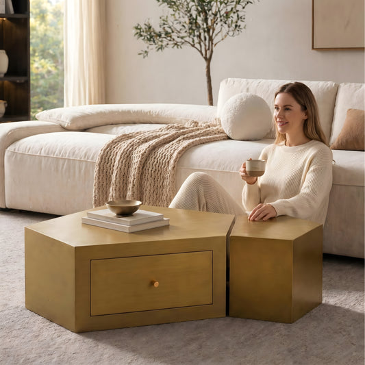 Brushed Brass Pentagon Modular Nesting Coffee Table Set