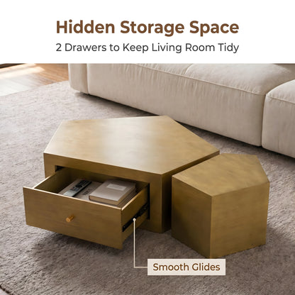 Brushed Brass Pentagon Modular Nesting Coffee Table Set
