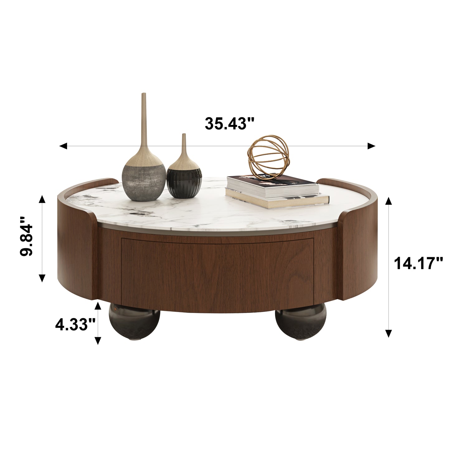 Walnut & Stone Round Coffee Table｜35.43" 2-Sided Curved Drawers