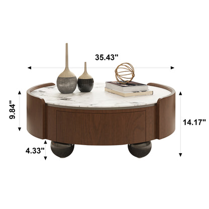 Walnut & Stone Round Coffee Table｜35.43" 2-Sided Curved Drawers