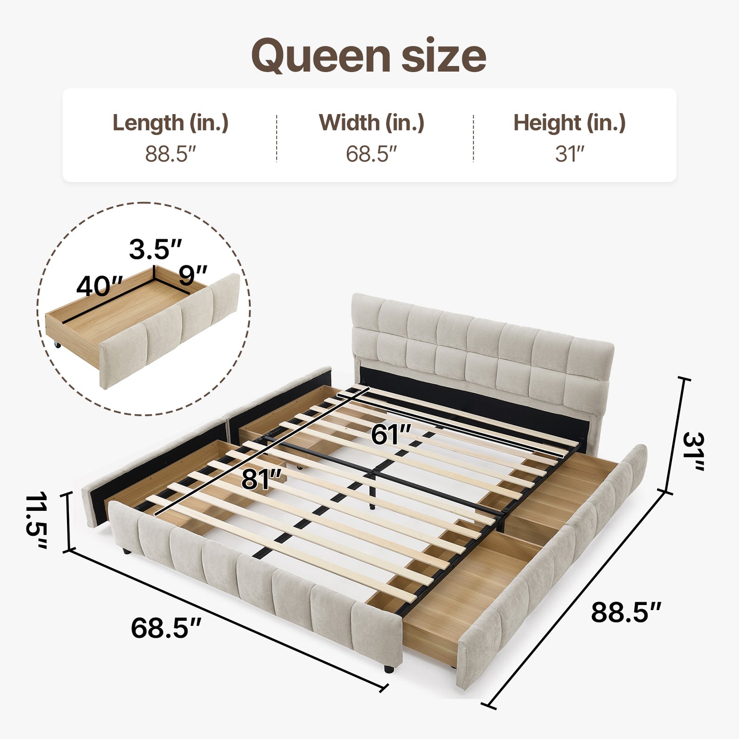 Queen Size Modern Cloud-Feel Bed Frame,With four drawers,Multi Color Beige/Green/Grey/Pink