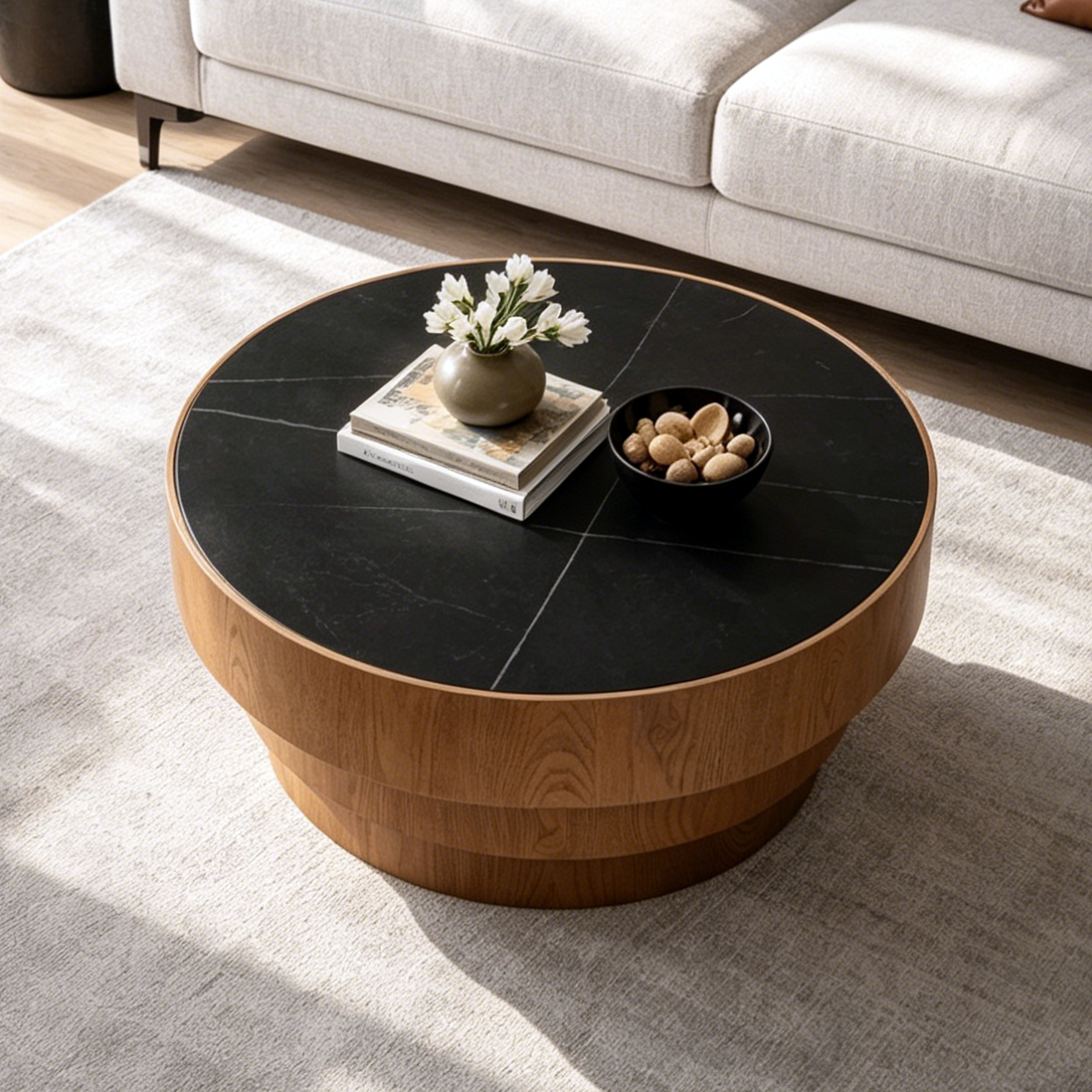 3-Tier Base Black Stone Walnut Trim Italian Minimalist Reception Coffee Table