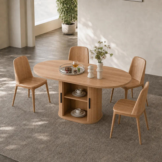 59 Inch Oval Dining Table  with 2-Layer Storage Shelf and Wood Slide Door