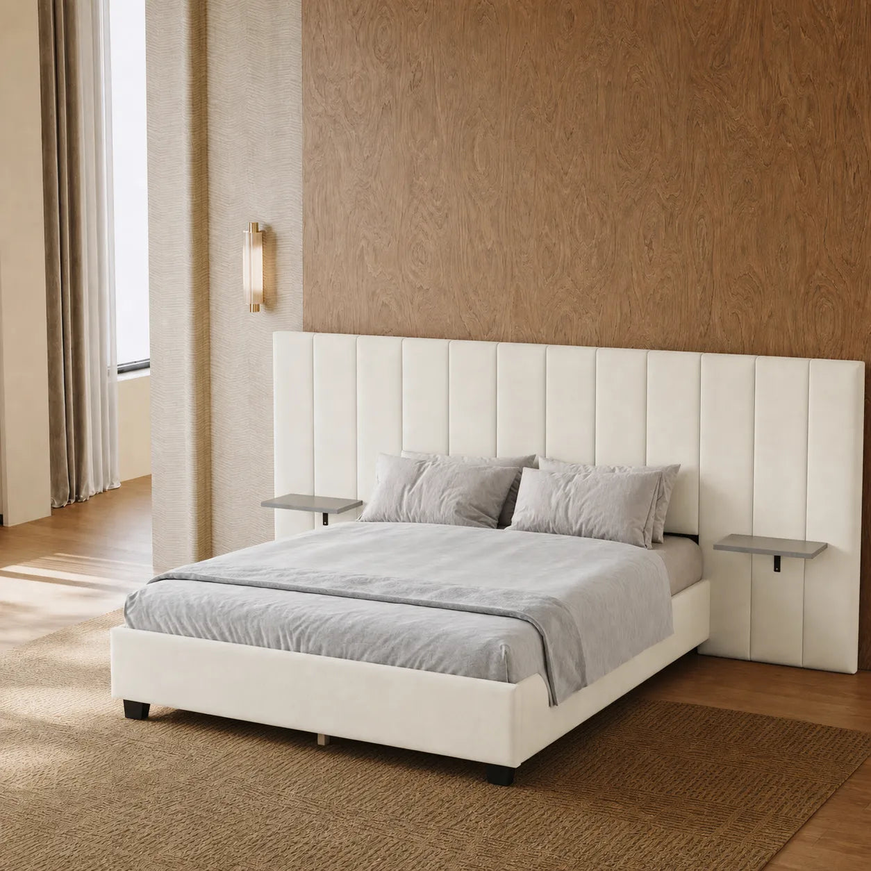 Channel Tufted Wall Mount Bed with Detachable Floating Side Shelves