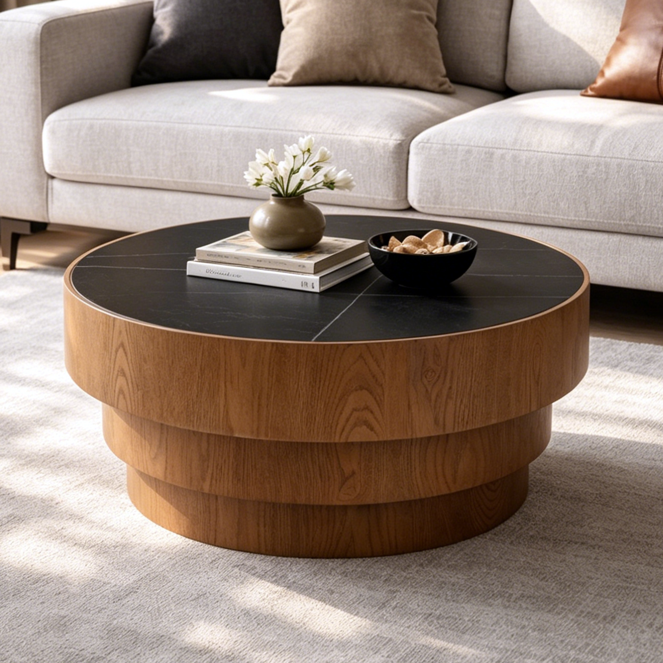 3-Tier Base Black Stone Walnut Trim Italian Minimalist Reception Coffee Table