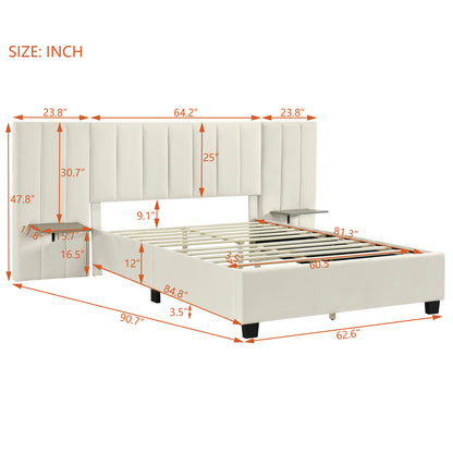 Channel Tufted Wall Mount Bed with Detachable Floating Side Shelves