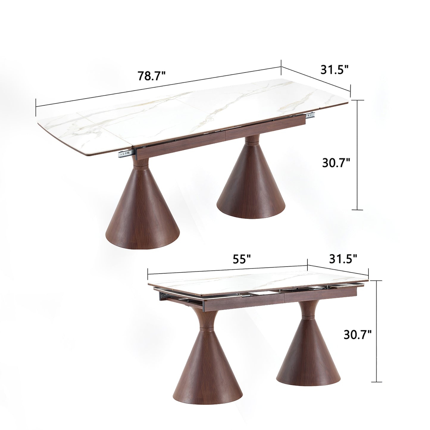 Extendable Stone-Top Dining Table: White marble-patterned tabletop with tapered metal legs