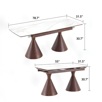 Extendable Stone-Top Dining Table: White marble-patterned tabletop with tapered metal legs