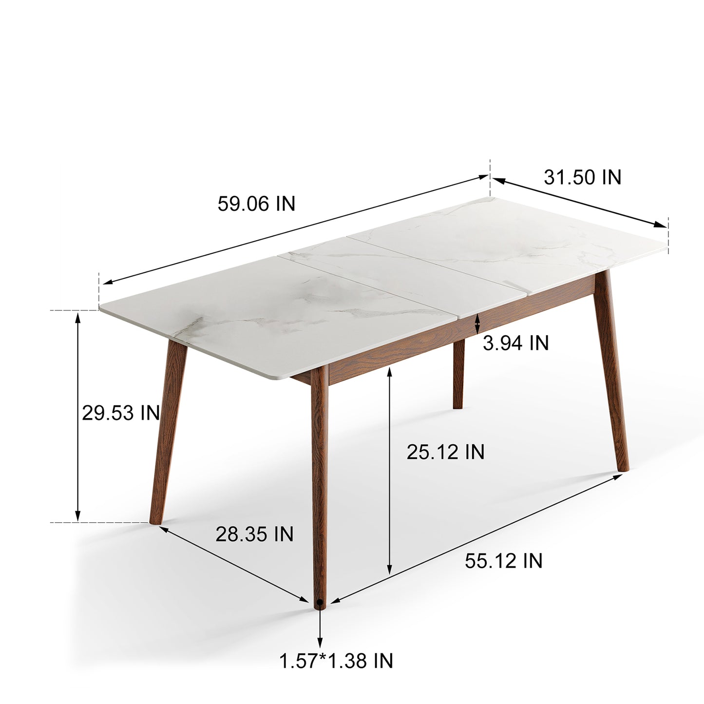 Walnut solid oak and white slate round corner diagonal leg telescopic table 59.6inch