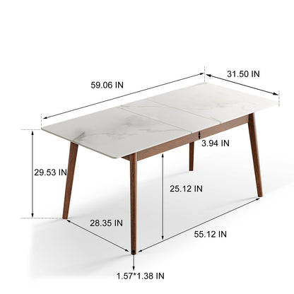 Walnut solid oak and white slate round corner diagonal leg telescopic table 59.6inch