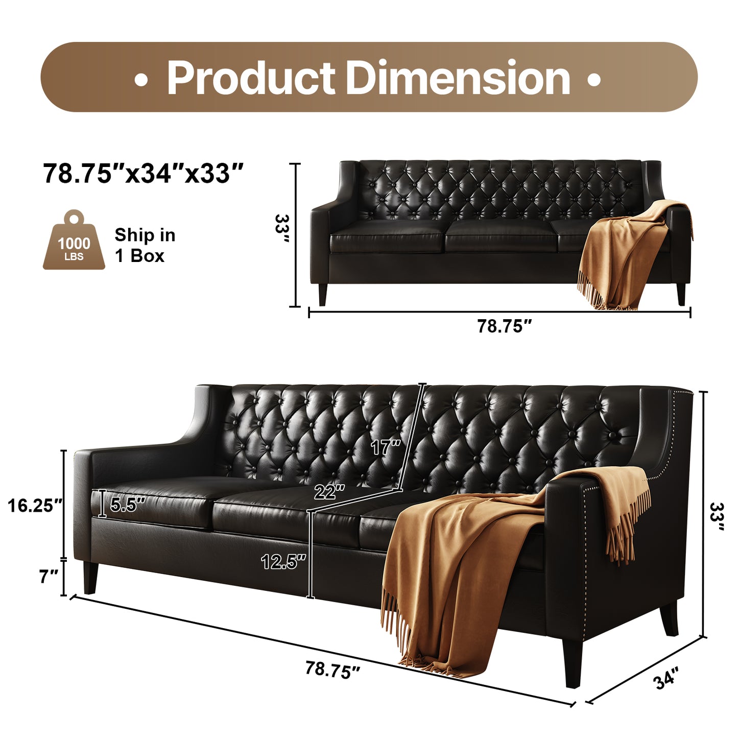 78.75" W Faux Leather Sofa, Button-Tufted 3-Seater Sofa, Mid Century Modern Vintage Brown Leather couches