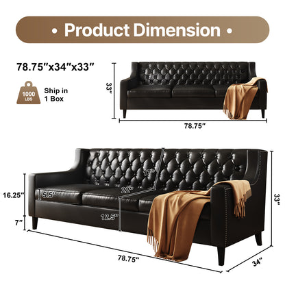 78.75" W Faux Leather Sofa, Button-Tufted 3-Seater Sofa, Mid Century Modern Vintage Brown Leather couches