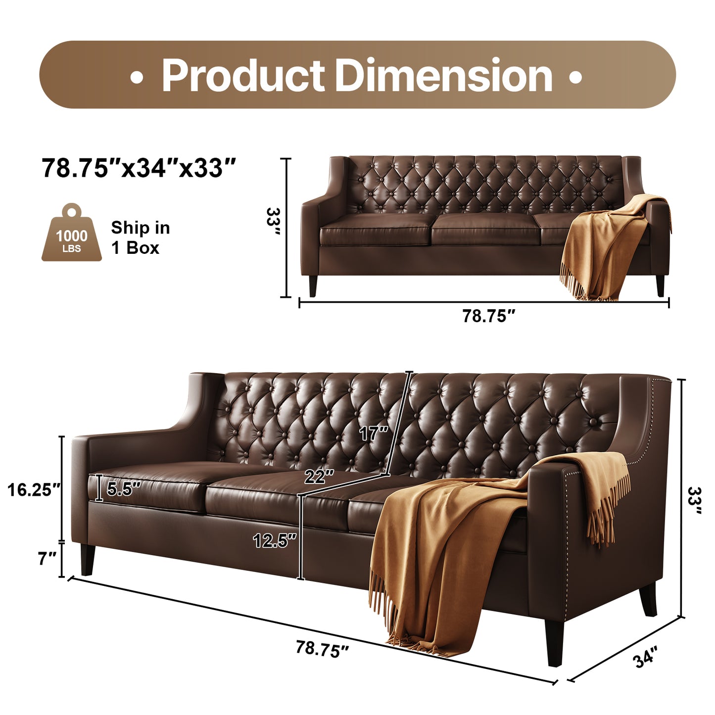 78.75" W Faux Leather Sofa, Button-Tufted 3-Seater Sofa, Mid Century Modern Vintage Brown Leather couches