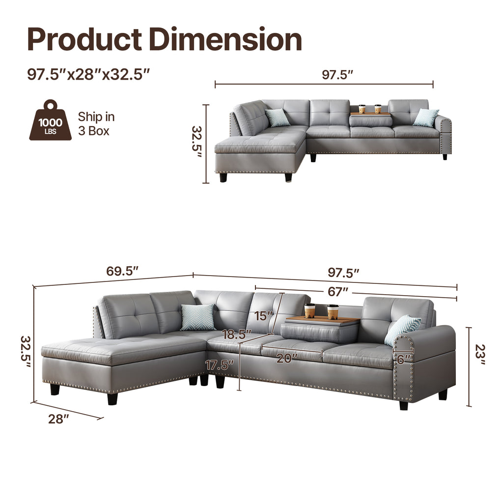 98" Leather Couch L-Shaped Modular – Convertible Sectional Couch with Movable Chaise, Multi-Scene Use for Living Room, Apartment & Office