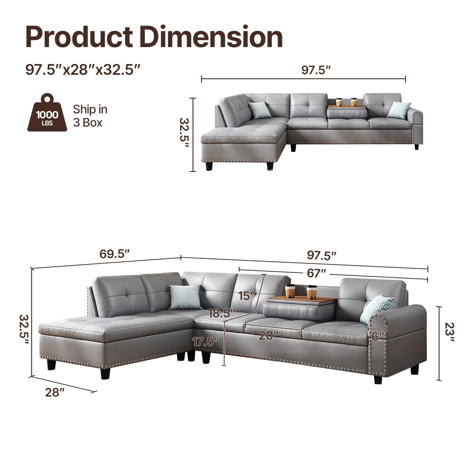 98" Leather Couch L-Shaped Modular – Convertible Sectional Couch with Movable Chaise, Multi-Scene Use for Living Room, Apartment & Office