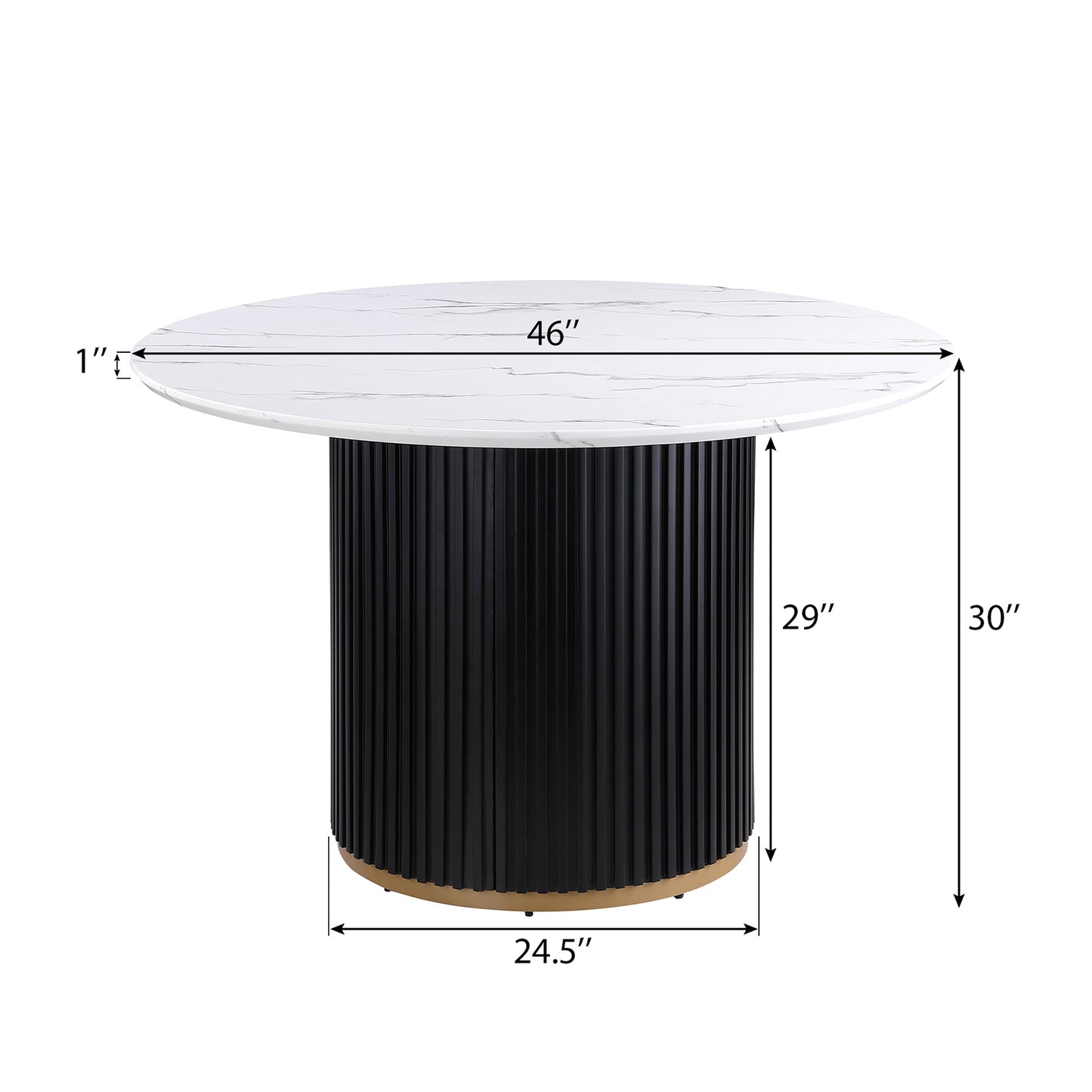 46 Inch Round Faux Marble Dining Table, Black Wave Metal Base with Gold Decoration - Accommodates 4 People for Kitchen & Dining Room