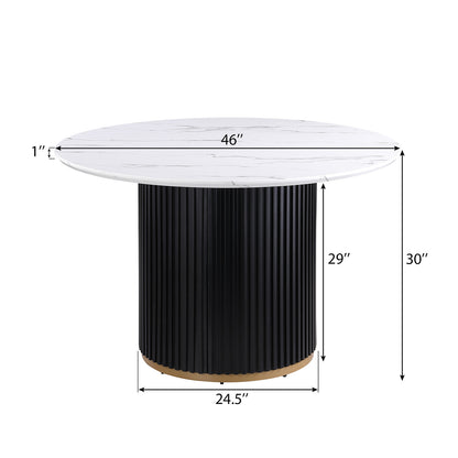 46 Inch Round Faux Marble Dining Table, Black Wave Metal Base with Gold Decoration - Accommodates 4 People for Kitchen & Dining Room
