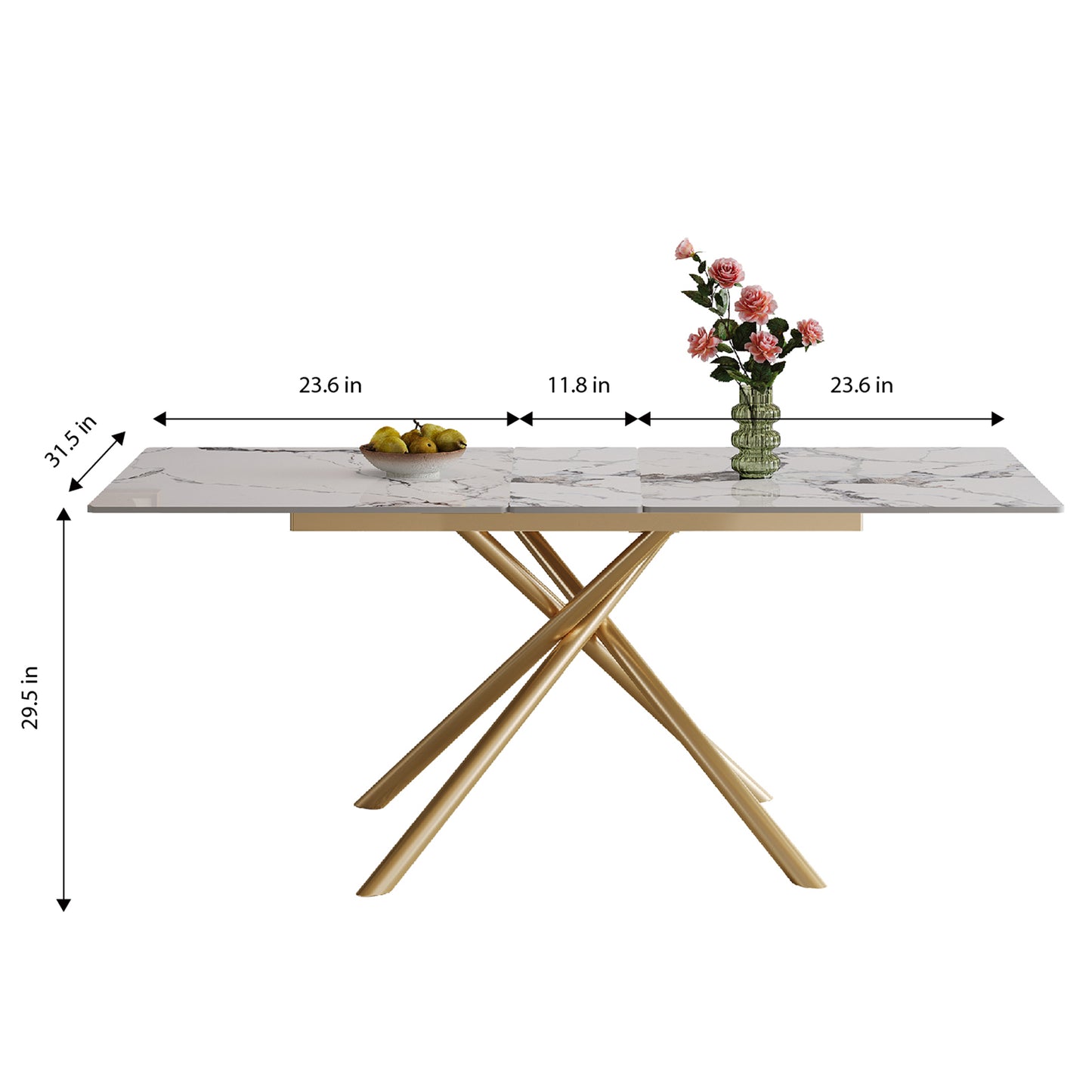 59-inch Modern rectangle Expandable Dining Table , Sintered Stone Top & Golden Carbon Steel X-Base