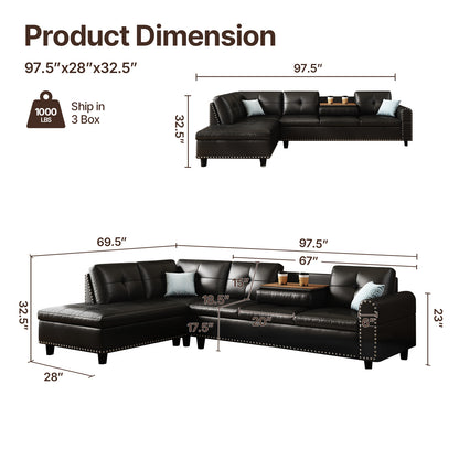 98" Faux Leather Couch L-Shaped Modular – Convertible Sectional Couch with Movable Chaise