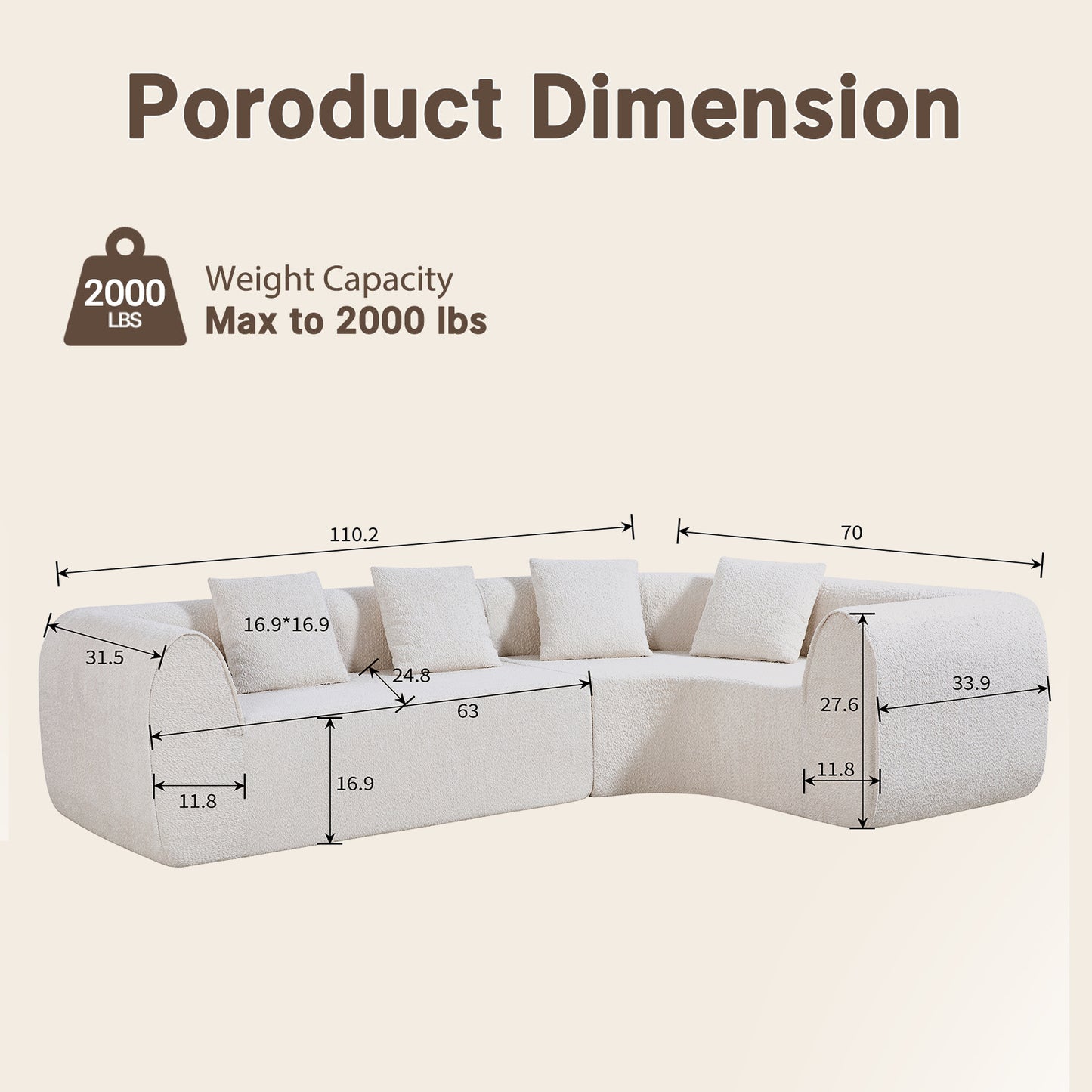 110.2-inch white modular L-shaped sofa - fabric circular design, lounge chair, with three throw pillows, with a load capacity of 2000 pounds