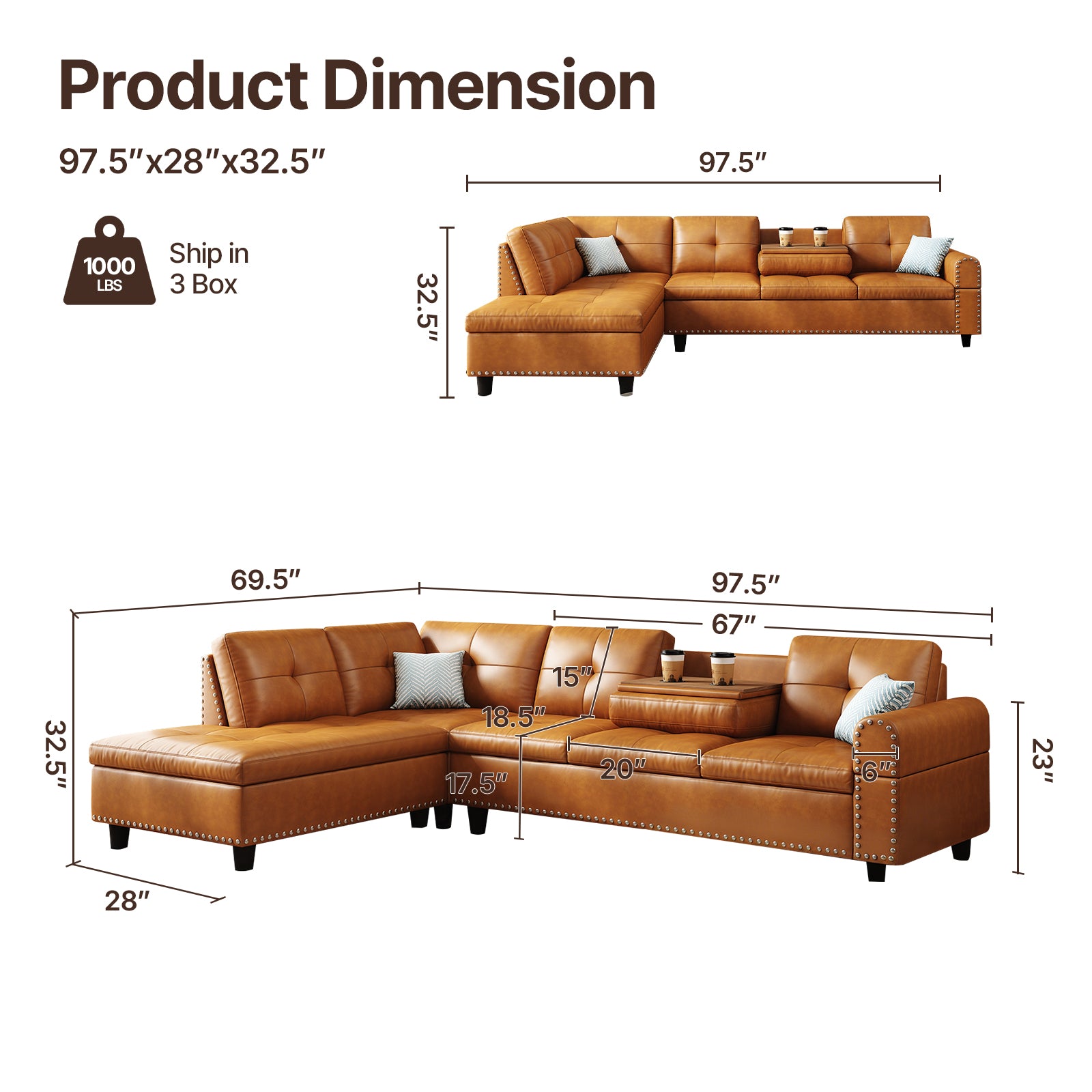 98" Leather Couch L-Shaped Modular – Convertible Sectional Couch with Movable Chaise, Multi-Scene Use for Living Room, Apartment & Office