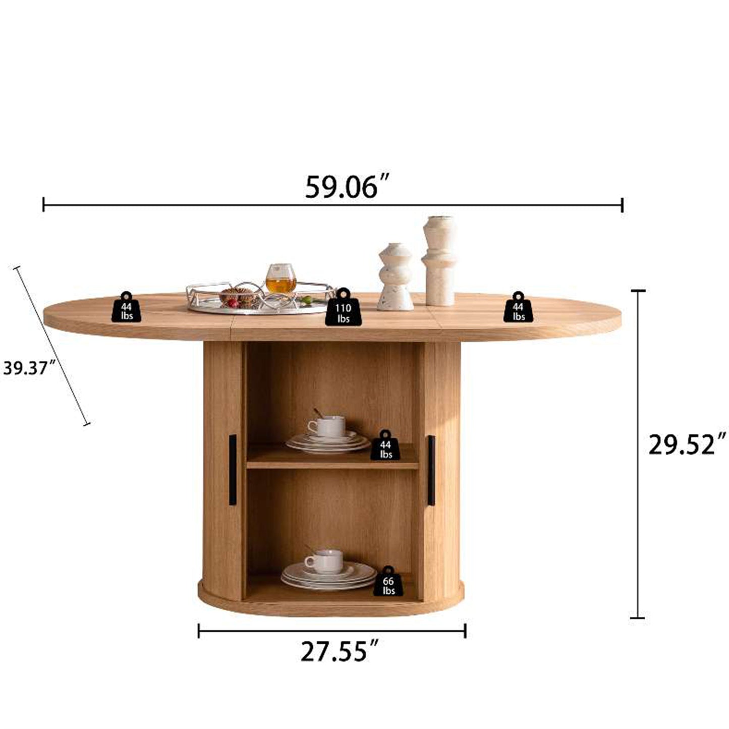 59 Inch Oval Dining Table  with 2-Layer Storage Shelf and Wood Slide Door