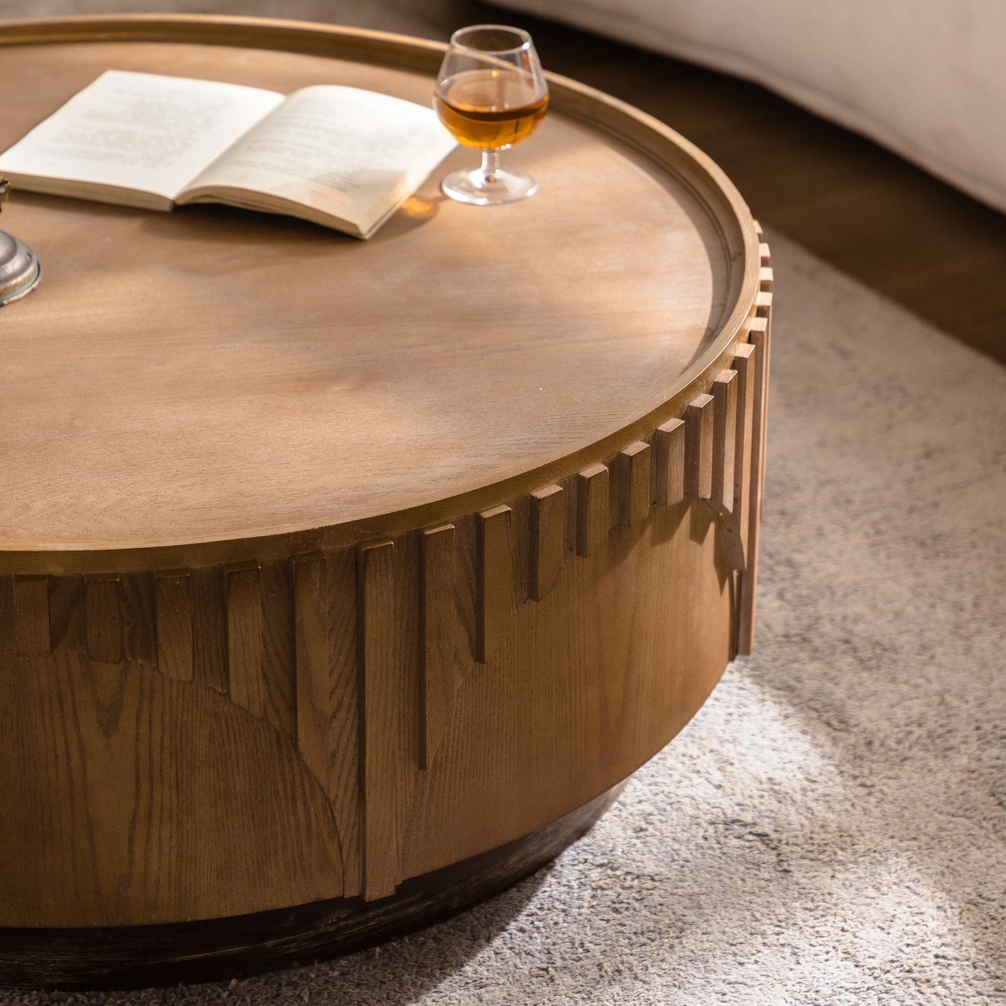Fluted-Embossed Skirt Tray-Rim Vintage Round Coffee Table