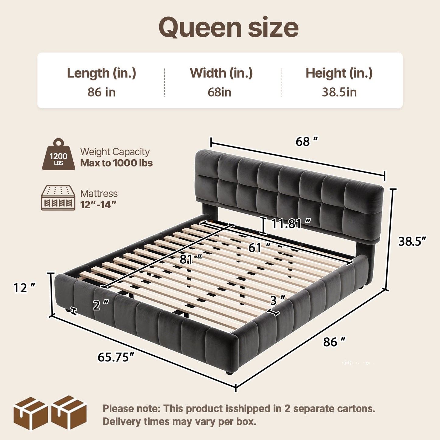 Queen Size Modern Cloud-Feel Bed Frame