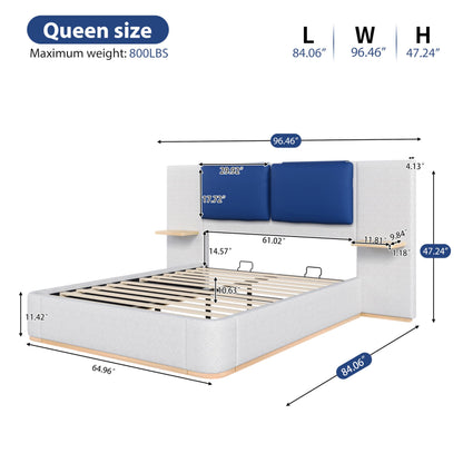 Modern Minimal Side Shelf Cloud Plush Boucle Queen Bed Frame